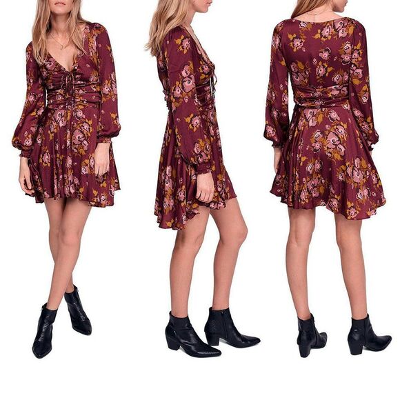 Free People Morning Light Mini Dress Size 2 Burgundy Red Long Sleeves Bow Tie - Picture 1 of 8